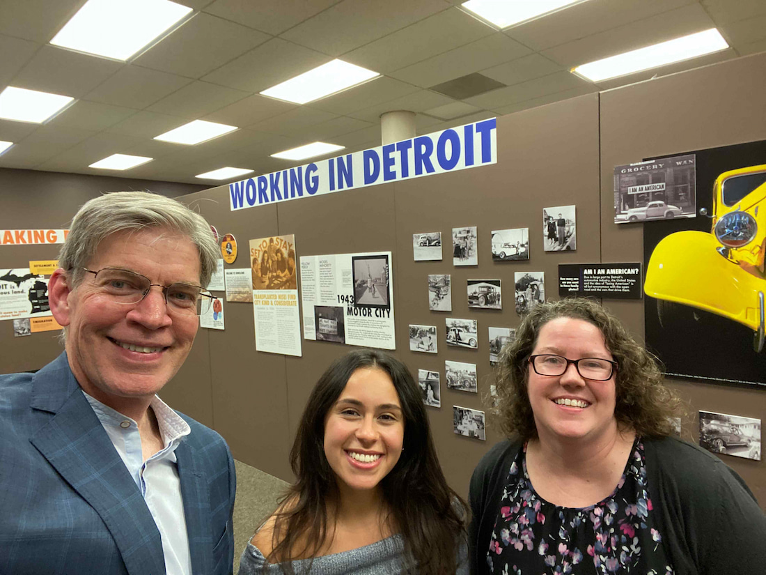 Andrew Maske, Megan McCullen and Gabriela Lloyd Pérez helped to install the 2023 exhibition Exiled to Motown: The Japanese American Community in Detroit