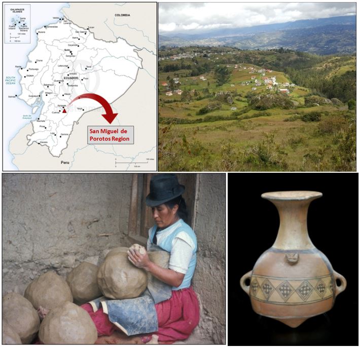 Image of Ecuador, map of Ecuador, person making pottery, piece of pottery