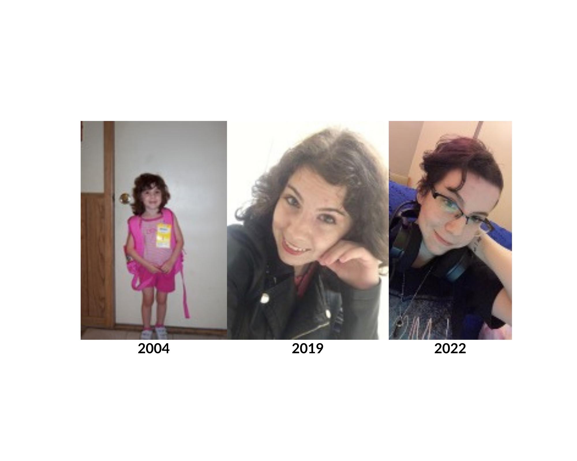 Chronological photos of blog author Em Dewolf in 2004, 2019 and 2022