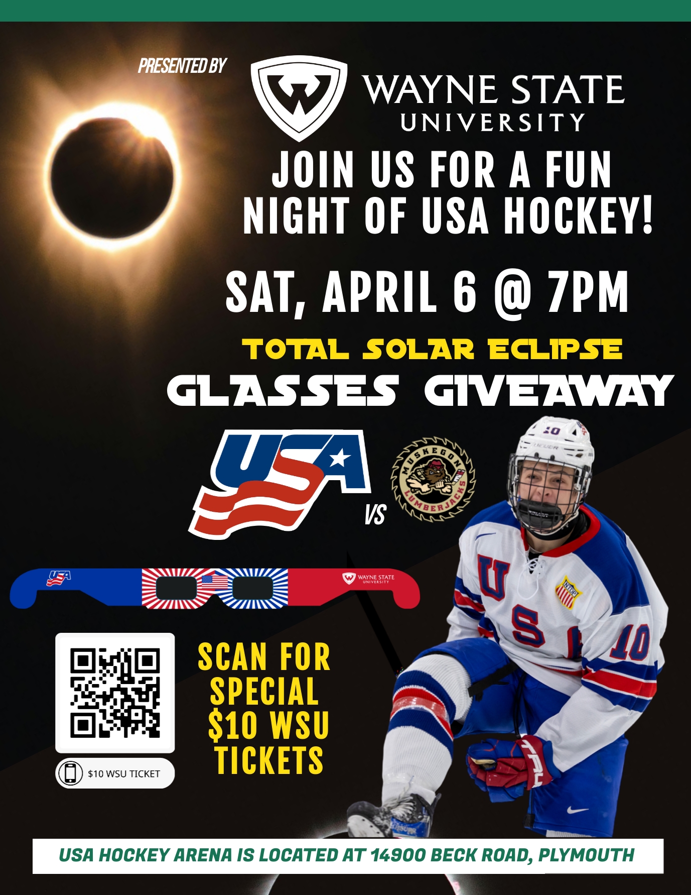 Flyer shares details of the USA Hockey Solar Eclipse Night at 7 p.m. on Saturday, April 6 - Flyer reads: Join us for a fun night of USA Hockey! 