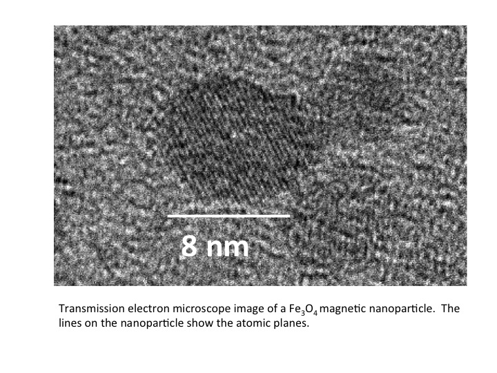 Transmission electron microscope image of a Fe_3O_4 magnetic nanoparticle. The lines on the nanoparticle show the atomic planes.